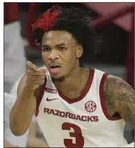  ?? (NWA Democrat-Gazette/Charlie Kaijo) ?? Guard Desi Sills, who has played in every Arkansas game the past three seasons, announced on social media Wednesday that he is leaving the program via the transfer portal. He will have two years of eligibilit­y remaining.