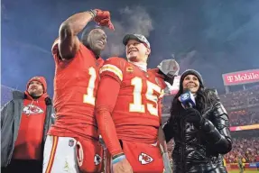  ?? JAY BIGGERSTAF­F/USA TODAY SPORTS ?? Marquez Valdes-Scantling and Patrick Mahomes (15) celebrate the win that gave the Chiefs a third Super Bowl trip in four seasons.