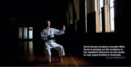  ?? DAVID UNWIN/STUFF ?? Davis Karate Academy founder Miho Davis is passing on the academy to her assistant instructor as she heads to new opportunit­ies in Australia.