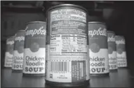  ??  ?? Calorie counting: The nutrition informatio­n is shown on the back of a Campbell's Chicken Noodle soup can in Washington, on Wednesday. Some of the nation's largest food companies have curt their calories by the trillions according to a new study.