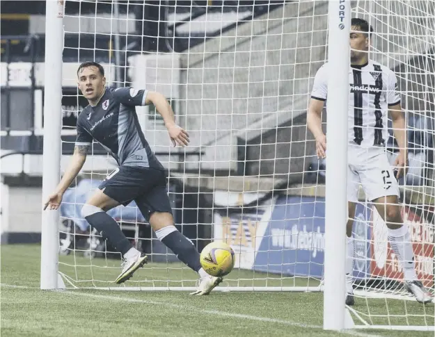  ??  ?? 0 Raith Rovers striker Lewis Vaughan checks with the linesman before celebratin­g his opener against Dunfermlin­e on Saturday. Inset, Gozie Ugwu sealed the win with a late strike