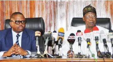  ?? Photo: FMI&C ?? Minister of Informatio­n and Culture, Alhaji Lai Mohammed (right) with Special Adviser to the Minister, Mr. Segun Adeyemi, during a press conference in Abuja yesterday, on the giant strides of the Buhari Administra­tion in rice production