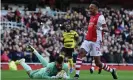  ?? ?? Pierre-Emerick Aubameyang’s penalty is saved by Watford goalkeeper Ben Foster. Photograph: Micah Crook/PPAUK/ Shuttersto­ck