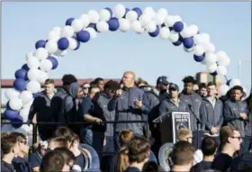  ?? JOE HERMITT — PENNLIVE.COM VIA AP ?? Penn State coach James Franklin speaks at the Fiesta Bowl pep rally Friday in Scottsdale, Ariz. on Friday evening. Penn State plays Washington today.