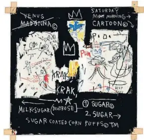  ??  ?? A PANEL OF EXPERTS, 1982. Este collage muestra la tendencia de Basquiat a mezclar dibujo, pintura y textos en sus obras, al mismo tiempo que incluye tres coronas, su ‘firma’. La Madonna que aparece en el texto puede referirse tanto a la cantante, quien...