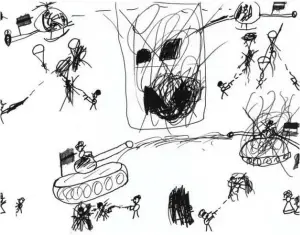  ?? BILD: SN/HEMAYAT ?? Zeichnunge­n von traumatisi­erten Kindern aus Kriegsgebi­eten.