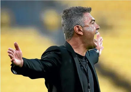  ?? GETTY IMAGES ?? Phoenix coach Mark Rudan reacts to the red card decision during Sunday’s match against Perth Glory.