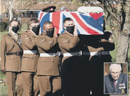  ??  ?? Captain Sir Tom Moore’s coffin, draped in a union flag, was carried by soldiers from the Yorkshire Regiment. Inset, Capt Tom during his fundraisin­g.