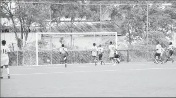  ??  ?? Timehri Panthers scoring one of their seven goals against Mocha Champs in the opening match of the EBFA leg of the NAMILCO U17 Football Championsh­ip at the National Training Centre.