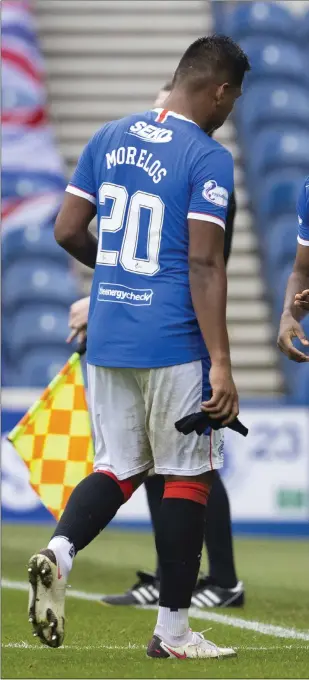  ??  ?? Jermain Defoe comes on for Alfredo Morelos against Aberdeen earlier this month. The striker is happy in his role