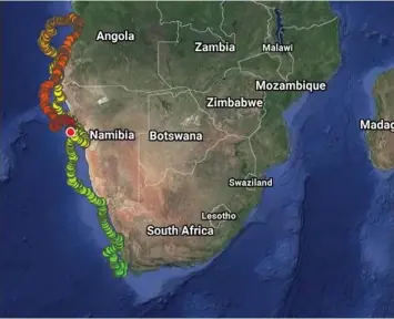  ??  ?? Yoshi’s northerly journey is in green and her turn-around and southerly travels are in yellow. Pemba’s journey is in red. Yoshi is expected to cross paths with Pemba soon.