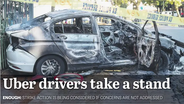  ?? Pictures: Jacques Nelles ?? SHELL. The remains of a burnt Taxify metered taxi that was allegedly attacked and had a petrol bomb thrown at it in Sunnyside, Pretoria, yesterday. The driver managed to escape, leaving the car to roll down the road and stop against an apartment...