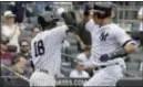  ?? THE ASSOCIATED PRESS ?? Yankees’ Gary Sanchez, right, celebrates with Didi Gregorius after Sanchez hit a home run Wednesday against the Twins at Yankee Stadium.