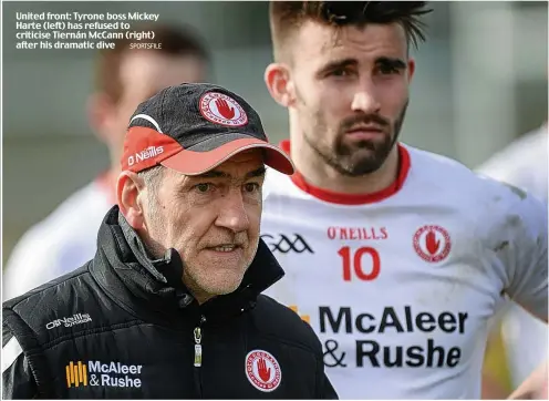  ?? SPORTSFILE ?? United front: Tyrone boss Mickey Harte (left) has refused to criticise Tiernán McCann (right) after his dramatic dive