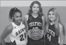  ?? IAN STEWART, SPECIAL TO THE RECORD ?? Picture are District 8 basketball all stars, from left: Alex Webb, St. Benedict; Hannah Blair and Emily White from St. David. Missing are Sydney VanderHoef and Emma Leger of Woodland Christian.