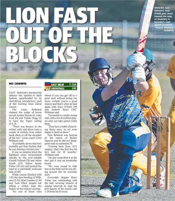  ??  ?? WHACKO: East Belmont’s Sean O’Neill goes aerial towards the longon boundary in Saturday’s clash against Grovedale. Picture: STEPHENHAR­MAN