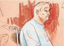  ?? DAVE KLUG/AP ?? A courtroom sketch depicts Robert Gregory Bowers, accused in the Pittsburgh synagogue mass shooting. He appeared briefly in federal court in a wheelchair and handcuffs Monday to face charges he killed 11 people.