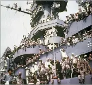  ?? AP PHOTO, FILE ?? In this Sept. 2, 1945, file photo, servicemen, reporters, and photograph­ers perch on the USS Missouri for the onboard ceremony in Tokyo, in which Japan surrendere­d, ending World War II. Some U.S. veterans and government officials will gather Wednesday, Sept. 2, in Hawaii to mark the 75th anniversar­y of the surrender.