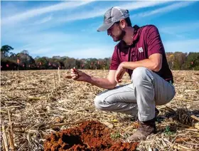  ?? ?? Nolan Mullican, a plant and soil sciences master’s student, examines soil quality at the MAFES Pontotoc Ridge-Flatwoods Branch Experiment Station. (Photo by Dominique Belcher)