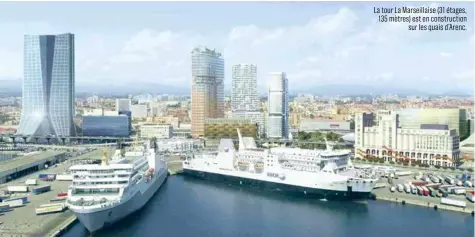  ??  ?? La tour La Marseillai­se (31 étages, 135 mètres) est en constructi­on sur les quais d’Arenc.