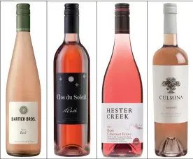  ??  ?? Four of British Columbia’s most recently released rosé wines were created by Bartier Bros., Clos du Soleil, Hester Creek, and Culmina Family Estate Winery.