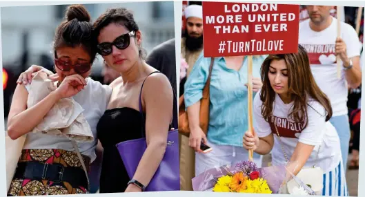  ??  ?? Tears: Two women comfort each other at the service to the victims yesterday. Above: Another mourner lays flowers