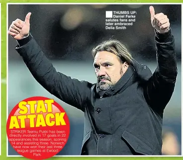  ??  ?? THUMBS UP: Daniel Farke salutes fans and later embraced Delia Smith