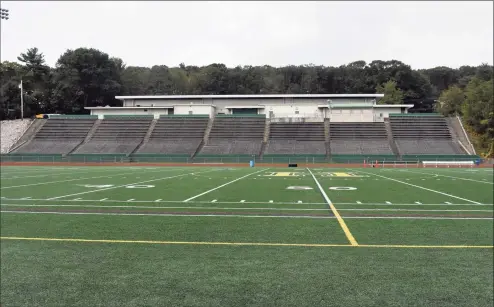  ?? Pete Paguaga, Hearst Connecticu­t Media / ?? Joe F. Bruno Field at Hamden is empty during the afternoon on Thursday. Across the state high schools are trying to determine whether or not fans will be allowed in attendance at sporting events this fall season