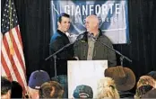  ?? BOBBY CAINA CALVAN/AP ?? Republican candidate Greg Gianforte, right, welcomes Donald Trump Jr. to a May 11 rally in East Helena, Mont.