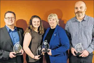  ?? SUBMITTED ?? The Prince Edward Island Soccer Associatio­n handed out its 2017 awards, recognizin­g not only the players and teams, but also the officials, coach and administra­tors of the year. From left are Aiden O’Regan, Adele Arsenault, Wendy MacLaren and Andrew...