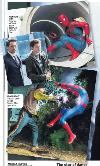  ??  ?? MENTOR With Downey as Tony Stark, below, in the new film KNOCKOUT Villain’s blow sends Spider-Man sprawling