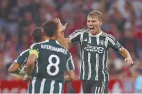  ?? ?? Rasmus Hojlund celebrates after scoring his first goal for Manchester United in a 4-3 UEFA Champions League defeat to Bayern Munich in September.