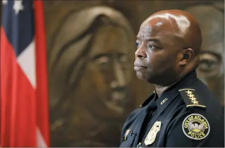  ?? THE ASSOCIATED PRESS ?? Interim Atlanta Police Chief Rodney Bryant speaks to the Associated Press on June 18, in Atlanta. On Saturday, June 13, Former Atlanta Police Chief Erika Shields resigned after an officer fatally shot Rayshard Brooks after a struggle in a Wendy’s restaurant parking lot.