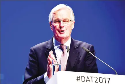  ??  ?? The EU’s chief negotiator for Brexit Michel Barnier gives a speech during the Deutscher Arbeitgebe­rtag congress of German Employers’ Associatio­ns yesterday. (AFP)