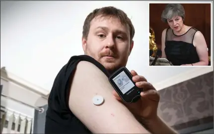  ??  ?? Craig Nielsen with the new life-saving screening tool, and inset, Prime Minister Theresa May wearing one of the patches