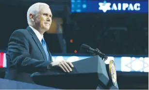  ?? (Joshua Roberts/Reuters) ?? US VICE PRESIDENT Mike Pence addresses the AIPAC policy conference in Washington on Sunday.