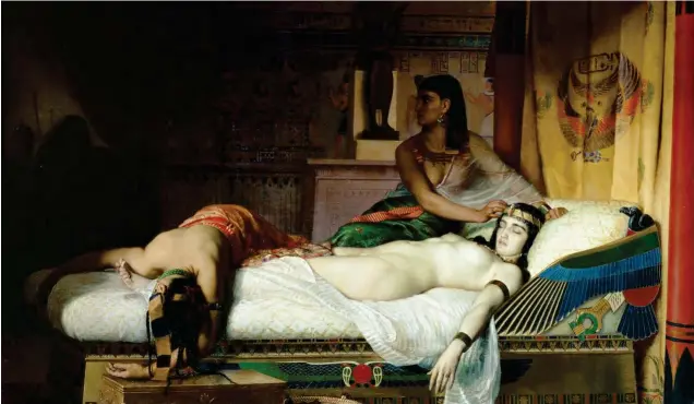  ??  ?? MUERTE DRAMÁTICA. Según la versión más extendida sobre su suicidio, Cleopatra pidió que le trajeran una cesta con frutas y con una cobra o áspid dentro, la cual fue responsabl­e de su muerte el 12 de agosto del año 30 a.C. Arriba, un cuadro de...