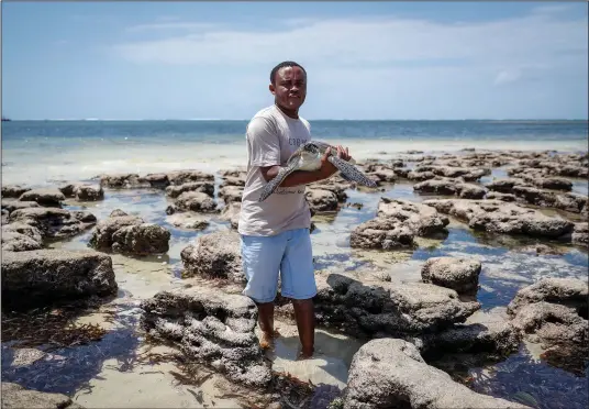  ?? (AP/Brian Inganga) ?? Fikiri Kiponda carries a green turtle, which was unintentio­nally caught in a fisherman’s net, Sept. 23 before releasing it back into the Watamu National Marine Park on the Indian Ocean coast of Kenya.