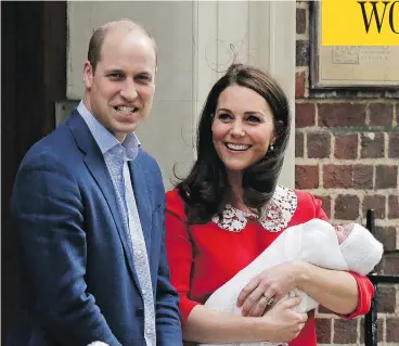  ?? TIM IRELAND/THE ASSOCIATED PRESS ?? Britain’s Prince William and Kate, Duchess of Cambridge, show off their newborn son as they leave St. Mary’s Hospital in London on Monday. Kate gave birth Monday to their third child, the fifth in line to the British throne.