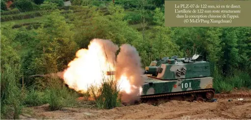  ??  ?? Le PLZ-07 de 122 mm, ici en tir direct. L’artillerie de 122 mm reste structuran­te dans la conception chinoise de l’appui. (© Mod/pang Xiangchuan)