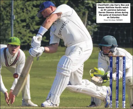  ?? Picture: Chris Davey FM4908257 ?? Chestfield’s slip Harry Bee and keeper Matthew Nordin watch as St Lawrence batsman Darren Stevens drives during the game at Grasmere Road on Saturday