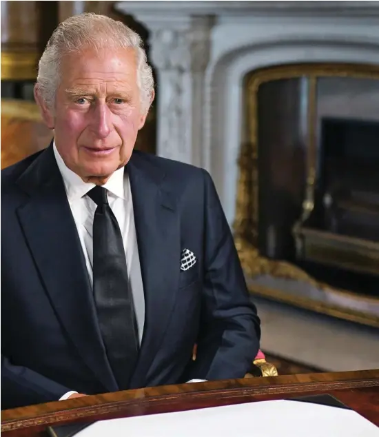  ?? ?? Deeply moving: King Charles III addresses the nation and the Commonweal­th from Buckingham Palace’s Blue Drawing