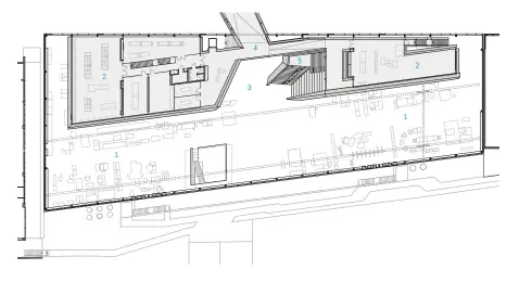  ??  ?? FLOOR PLAN
1. Ground-level 2. manufactur­ing Second-level zone showroom 3. Ground-level dining area 4. Second-level link to existing building 5. Amphitheat­re-style staircase 2 1 3 4 5 1 2