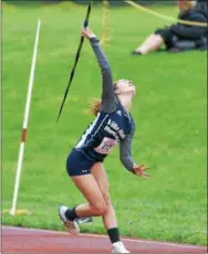  ?? PETE BANNAN — DIGITAL FIRST MEDIA ?? Kara Schiek of Villa Maria Academy throws the javelin 110 feet to finish 13th in the District 1 Class 2A Championsh­ips Friday at Coatesvill­e Area High School.