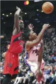  ?? The Canadian Press via AP photo ?? Tyrese Maxey of the 76ers shoots in front of the Raptors’ Pascal Siakam during the second half of Philadelph­ia’s 112-90 win Friday.