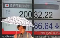  ??  ?? A woman walks past an electronic stock board showing Japan's Nikkei 225 index at a securities firm in Tokyo yesterday. —AP