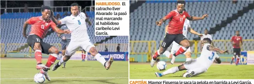  ??  ?? HABILIDOSO. catracho Ever Alvarado la pasó mal marcando al habilidoso caribeño Levi García. El CAPITÁN. Maynor Figueroa le saca la pelota en barrida a Levi García.