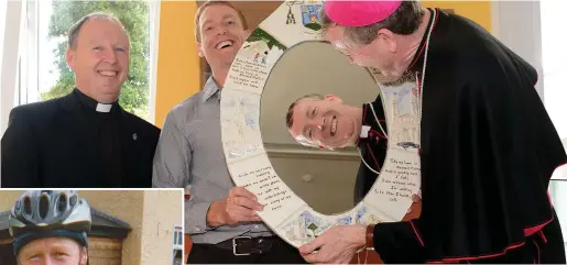  ??  ?? ABOVE; Principal of Slane National school Pat O’Donnell and Fr Joe Deegan present then Bishop Denis Nulty with a mirror designed by local designer Lucy O’Gorman.
Left: Fr Joe in usual attire!