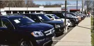  ?? Alexander Soule / Hearst Connecticu­t Media ?? Used vehicles for sale this month at New Country Toyota of Westport. The Bureau of Labor Statistics reported a 3.8 percent decline in the price of used cars nationally between February and March as automakers get their hands on computer chips and other key parts for new vehicles.