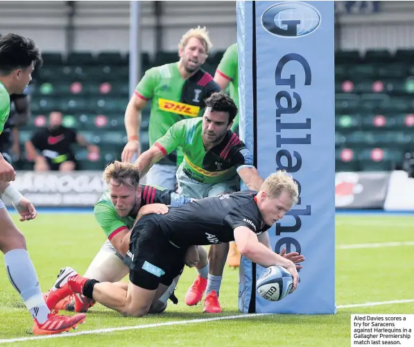  ??  ?? Aled Davies scores a try for Saracens against Harlequins in a Gallagher Premiershi­p match last season.